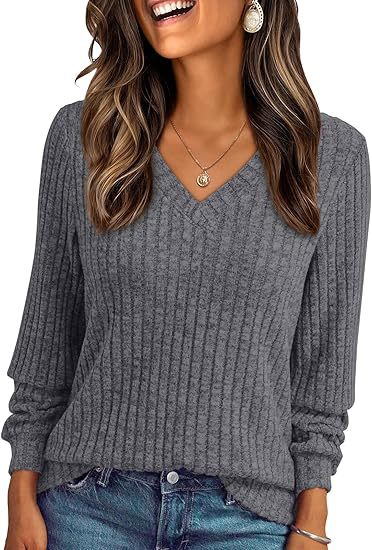 Ladies Soft Ribbed Knit Sweater with V-Neck Mune Fashion