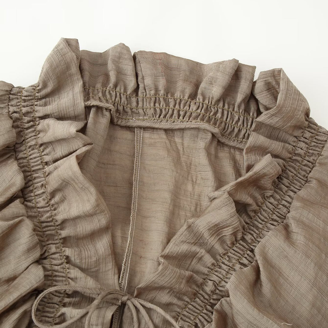 Women's Romantic Ruffle Blouse in Boho Style with Tie Band and Gathered Cuffs Mune Fashion