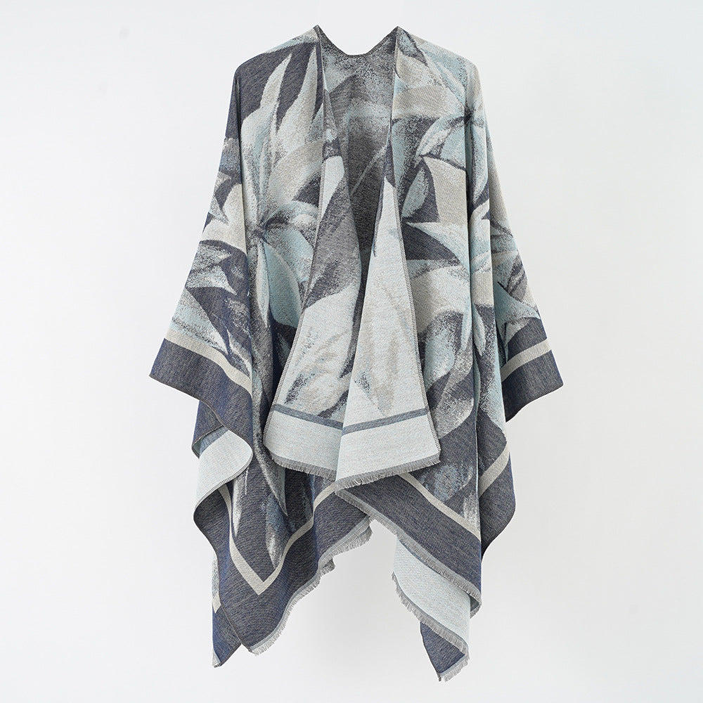 Women's jacquard wrap poncho with floral-abstract woven texture and softly falling oversized cape Mune Fashion
