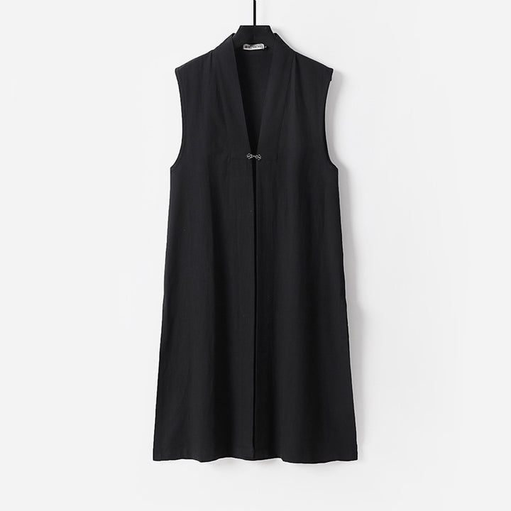 Women's sleeveless long vest with stand-up collar and decorative toggle closure Mune Fashion