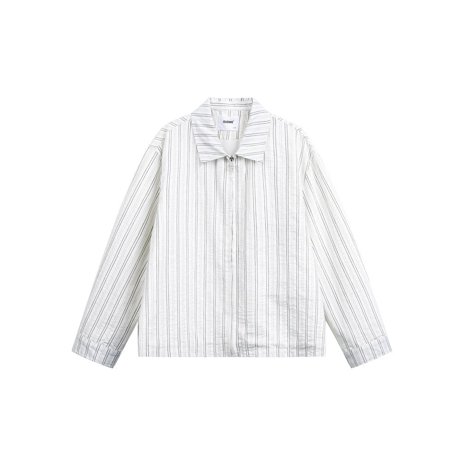 Unisex Lightweight Striped Overshirt Jacket with Shirt Collar and Concealed Zipper Mune Fashion