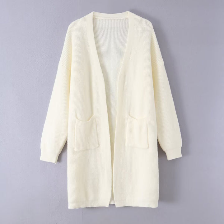 Ladies Longline Knit Cardigan with Patch Pockets and Open Front Mune Fashion