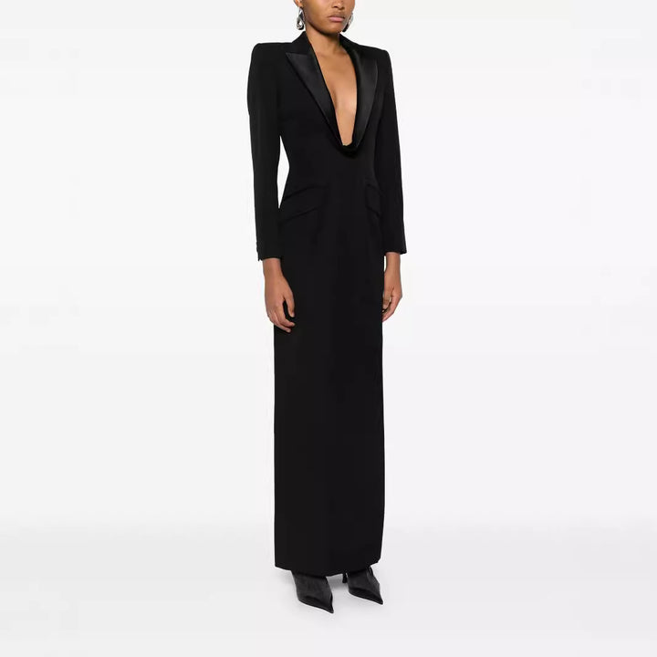 Ladies Tailored Evening Maxi Dress in Tuxedo Blazer Style Mune Fashion
