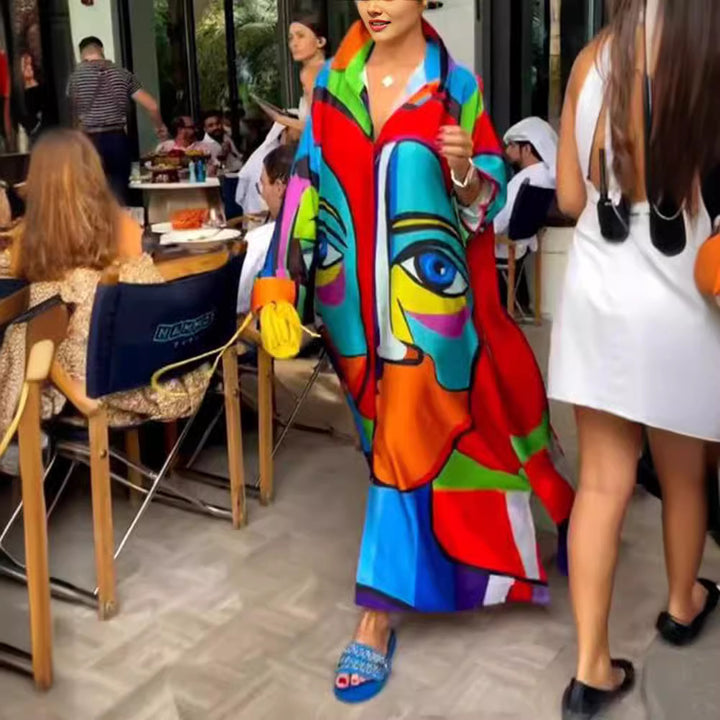 Women's oversized shirt kaftan with abstract portrait print and shirt collar Mune Fashion