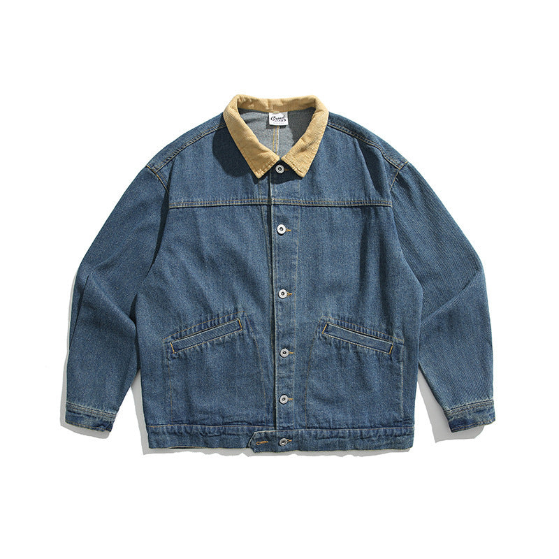 Unisex Boxy Jeans Jacket with Cord Collar, Snap Button Placket and Side Pockets Mune Fashion
