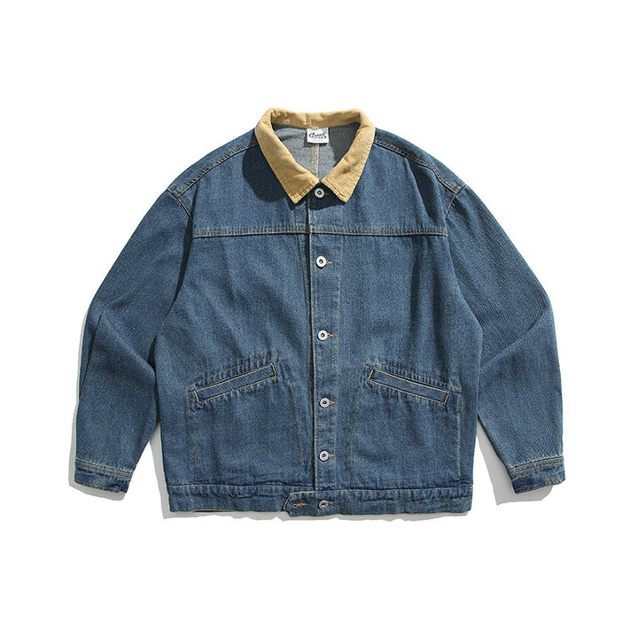 Unisex Boxy Jeans Jacket with Cord Collar, Snap Button Placket and Side Pockets Mune Fashion