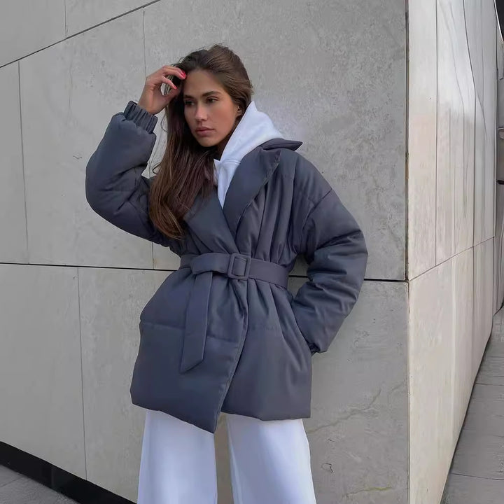 Women Padded Tailored Quilted Jacket with Belt and Hood Mune Fashion