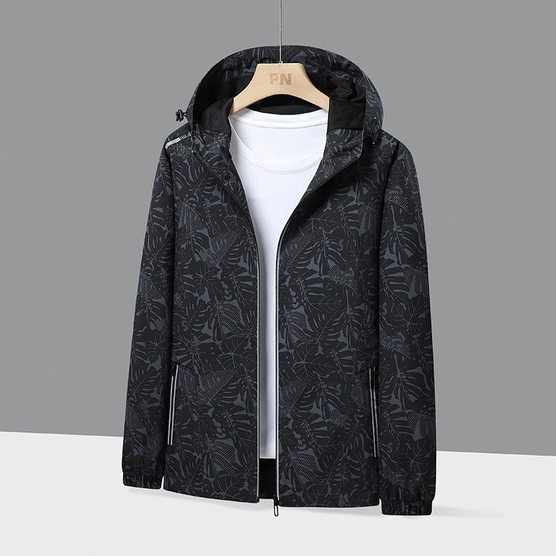 Men's Lightweight Hooded Windbreaker with Botanical Allover Print and Elastic Cuffs Mune Fashion