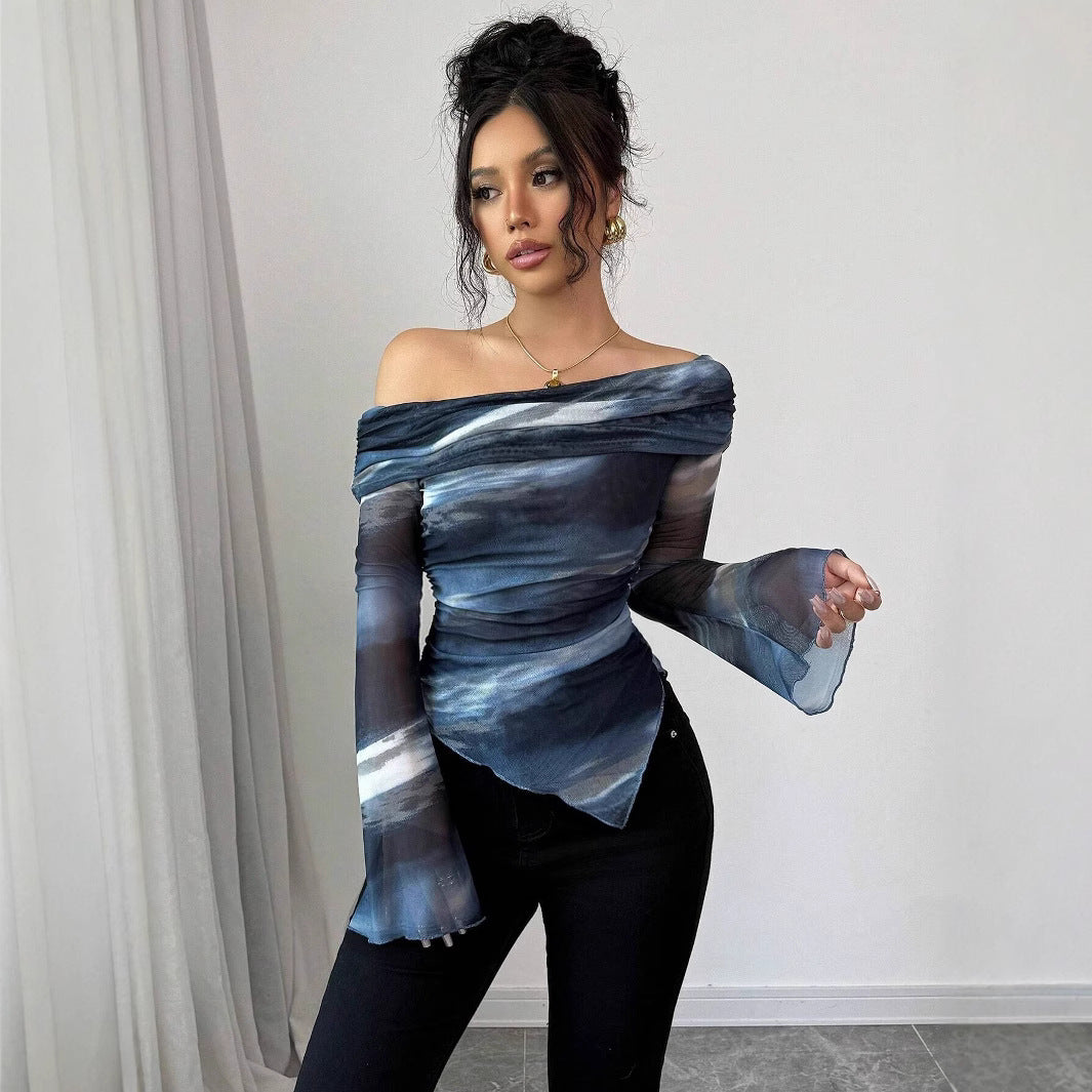 Women's shoulder-free mesh wrap top with asymmetrical handkerchief hem and long flared sleeves Mune Fashion