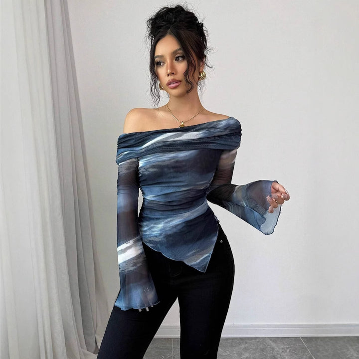 Women's shoulder-free mesh wrap top with asymmetrical handkerchief hem and long flared sleeves Mune Fashion