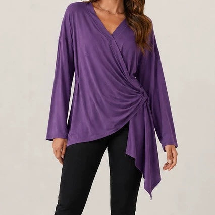 Women's wrap top with side knot detail, V-neck and asymmetrical hem Mune Fashion