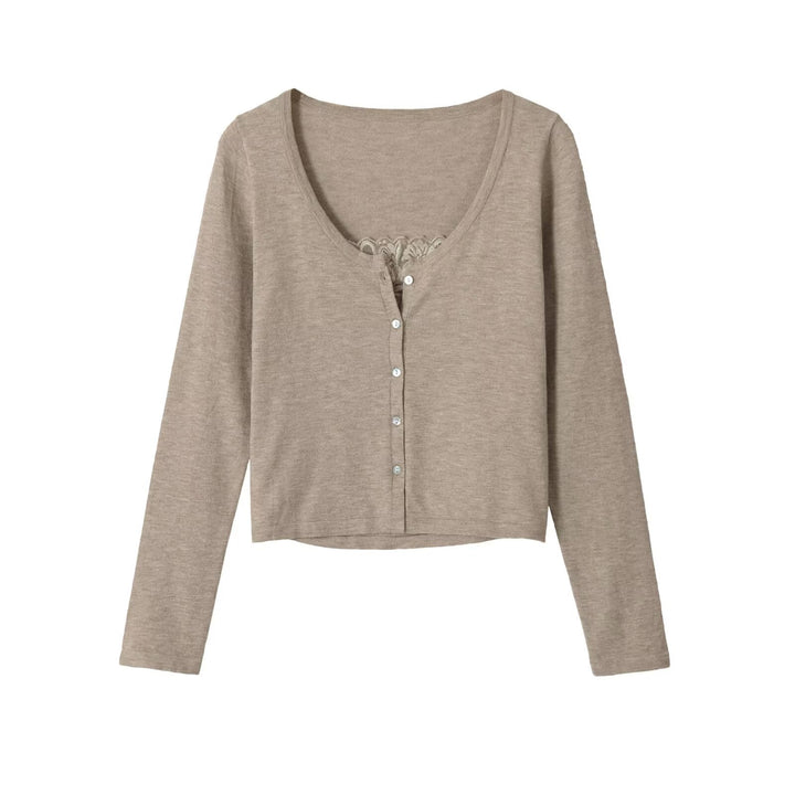 Women's short cardigan made of fine knit with V-neck, button placket, and lace insert Mune Fashion