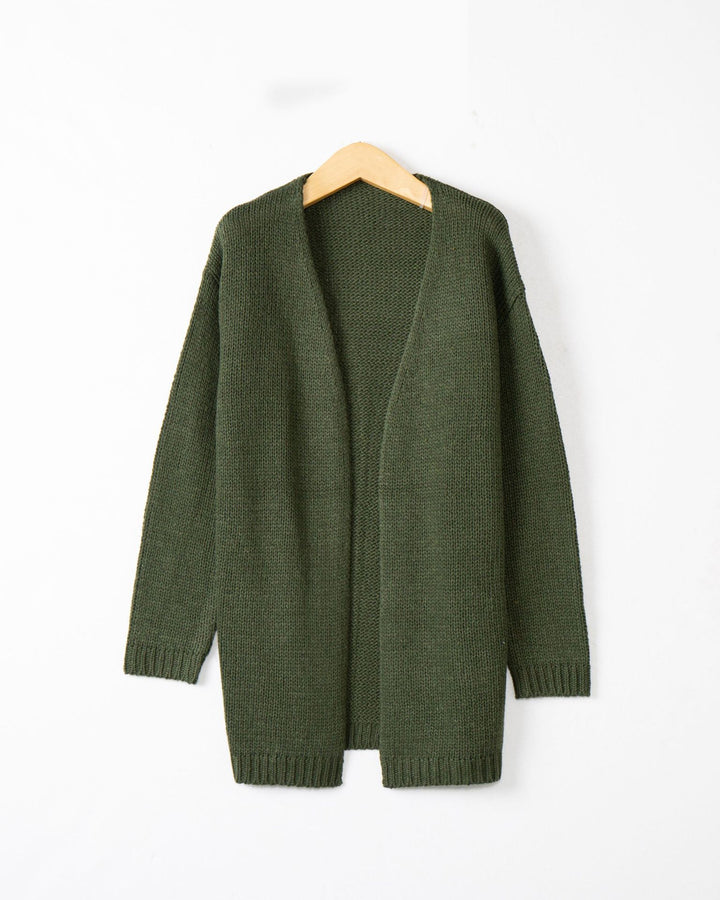 Women Longline Knit Cardigan without Closure with Open Front and Fine Rib Edge Mune Fashion