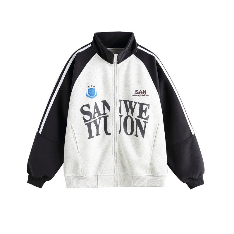 Unisex Oversize College Track Jacket with Stand-up Collar and Raglan Sleeves Mune Fashion