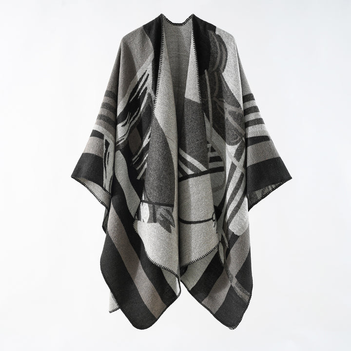 Women's Ruana wrap in coarse wool blend with graphic block design and overlock hem Mune Fashion