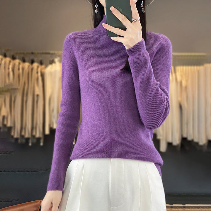 Women's Premium Fine Knit Mock Neck Sweater with Extra Long Sleeve Cuffs and Fine Ribbed Texture Mune Fashion