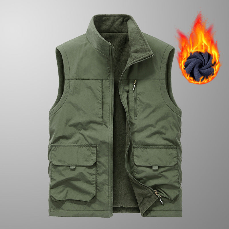 Men's Thermal Outdoor Vest with Fleece Lining, Stand Collar and Multifunctional Pockets Mune Fashion