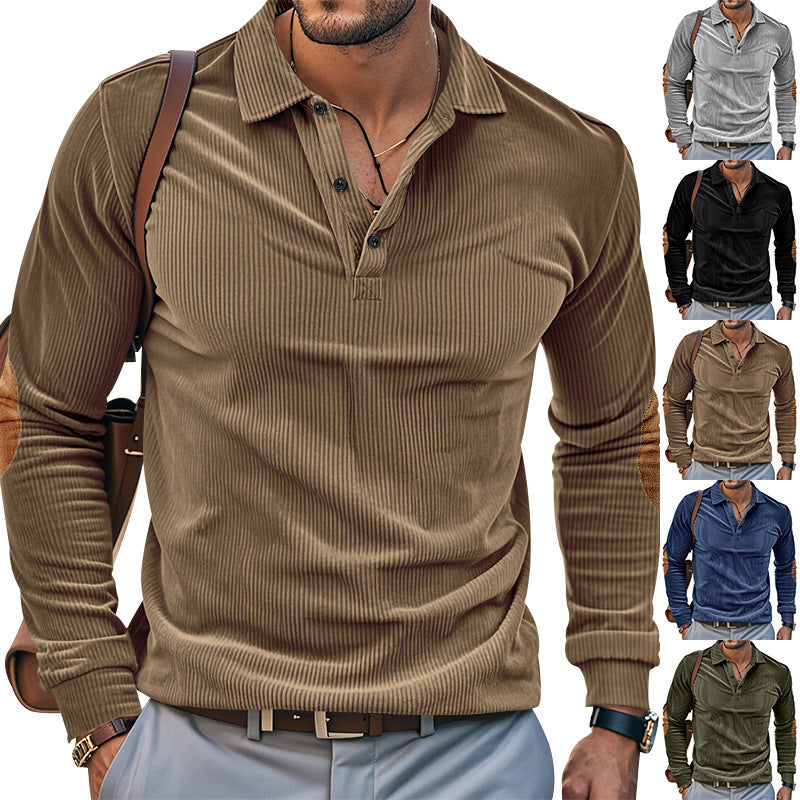 Men's heavy ribbed cotton polo sweater with Kent collar, triple button placket, and suede elbow patches Mune Fashion