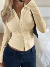 Women Tailored Buttonable Ruffle Top with V-Neck and Figure-Shaping Gather Mune Fashion