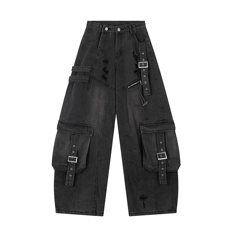 Women's wide jeans cargo culotte with tactical pockets, belt applications and used details Mune Fashion