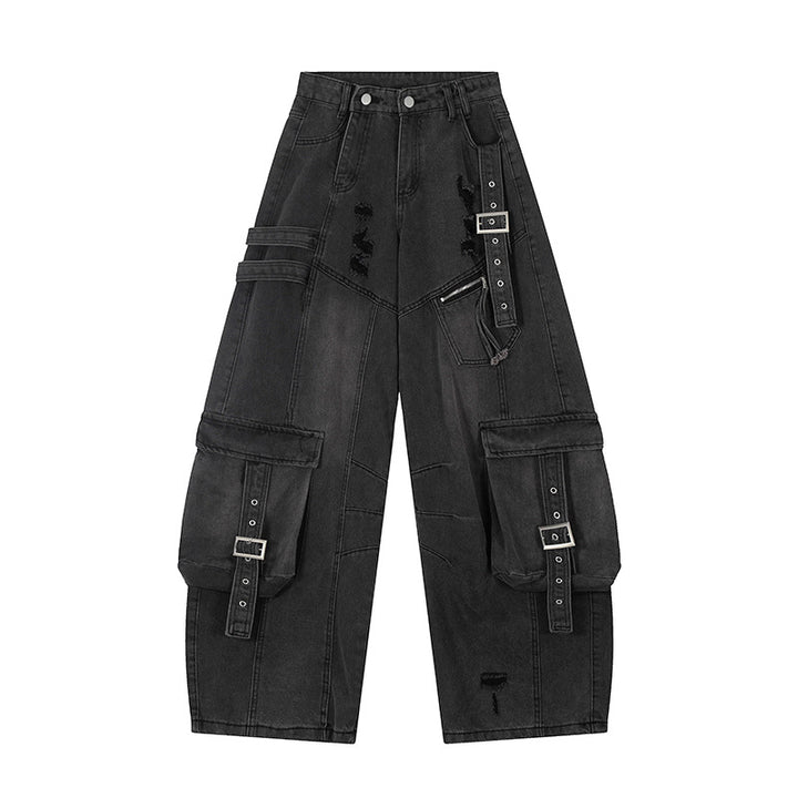 Women's wide jeans cargo culotte with tactical pockets, belt applications and used details Mune Fashion