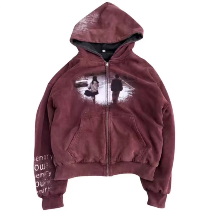 Unisex nan Hooded jacket with continuous zipper, used effect, double-layer hood and sleeve print Mune Fashion
