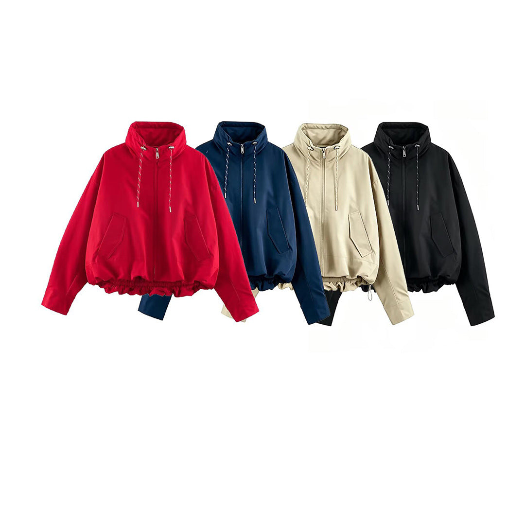 Women's Cropped Oversize Windbreaker with high funnel collar, drawstring and gathered elastic waistband Mune Fashion