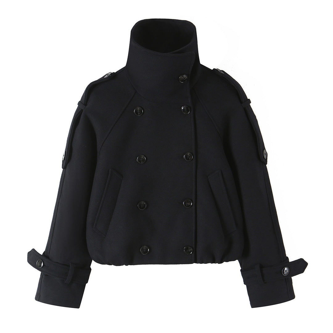 Women's Short Double-Breasted Peacoat with High Standing Collar and Shoulder Straps Mune Fashion