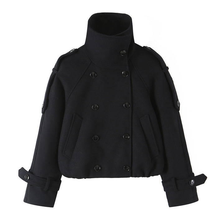 Women's Short Double-Breasted Peacoat with High Standing Collar and Shoulder Straps Mune Fashion
