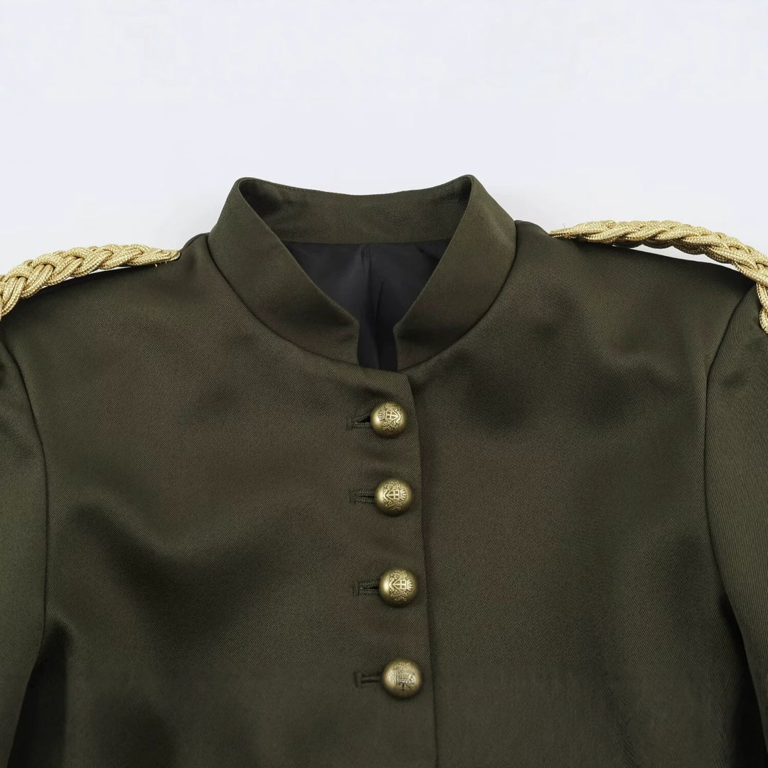 Women's Short Military Blazer with Braided Epaulettes and Decorative Knot Sleeves Mune Fashion