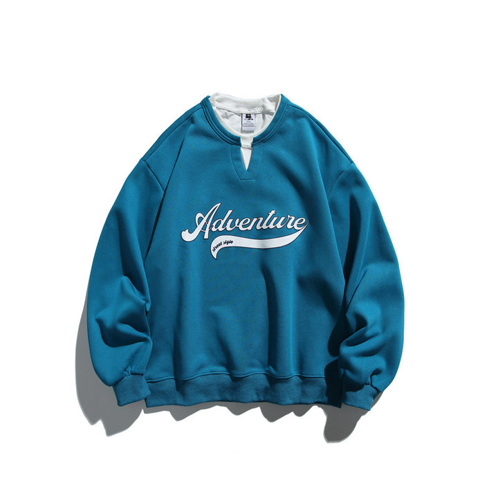 Unisex Oversized Sweatshirt with Notch Collar, Layered Effect and Script Print Mune Fashion