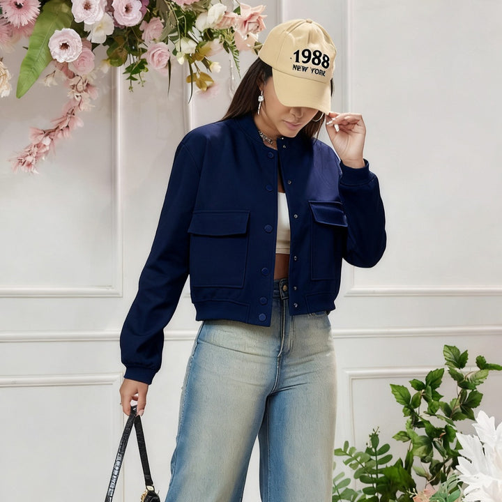Women's Short Utility Jacket with Stand Collar, Snap Buttons and Flap Pockets Mune Fashion