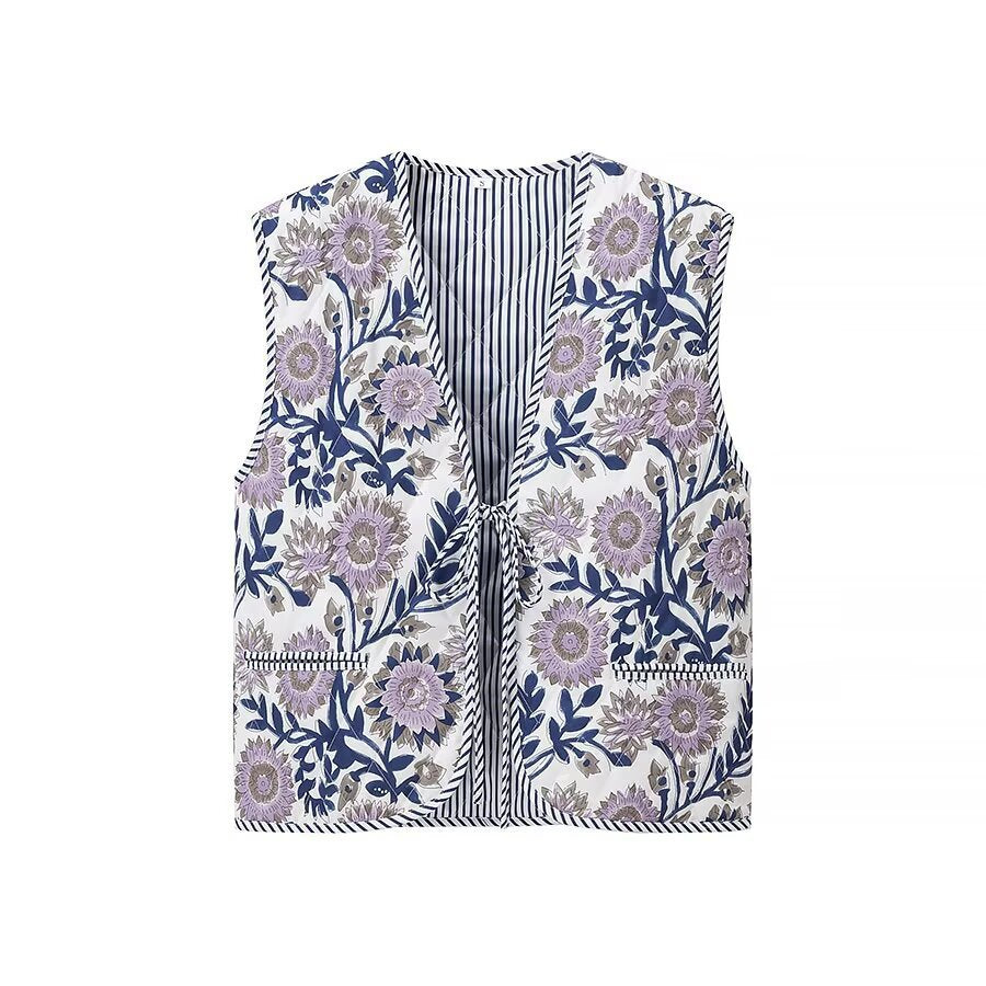 Women Padded Quilted Vest with Floral Allover Look and Tie Band Mune Fashion