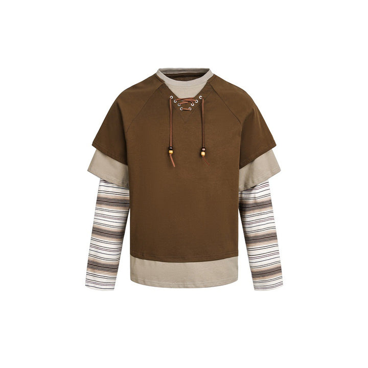 Women's Layered Look Sweatshirt with Lacing, Striped Sleeve Inserts and Asymmetrical Hem Mune Fashion