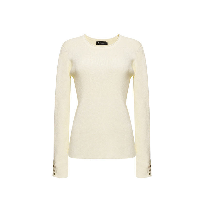 Women's fine knit sweater with round neckline, slim silhouette, and decorative button sleeves Mune Fashion
