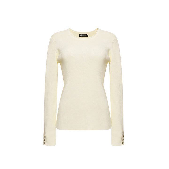 Women's fine knit sweater with round neckline, slim silhouette, and decorative button sleeves Mune Fashion