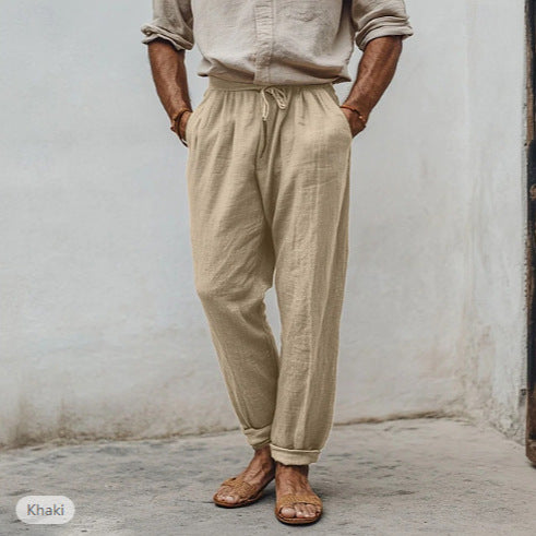 Men's casual linen blend jogger pants with drawstring, angled pockets and narrow ankle cuffs Mune Fashion
