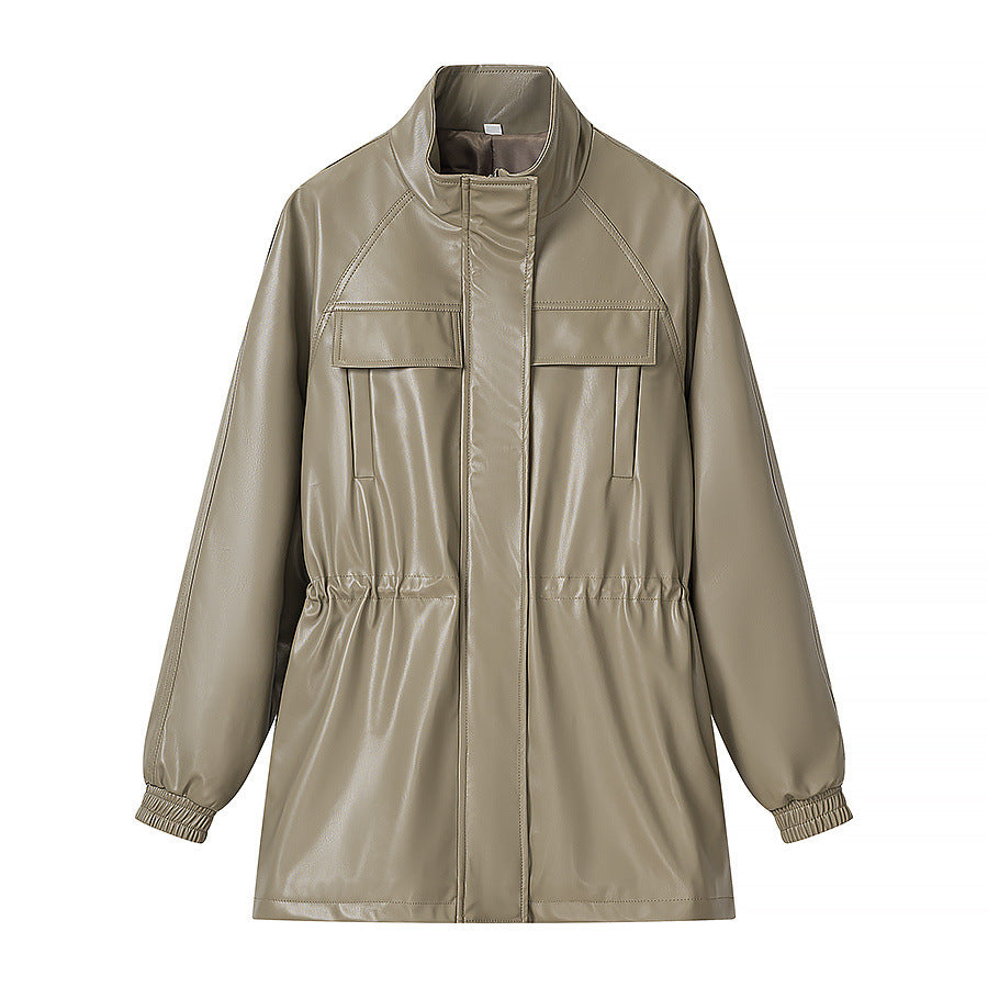 Women Faux Leather Parka with Drawstring Waist, Stand Collar and Flap Pockets Mune Fashion