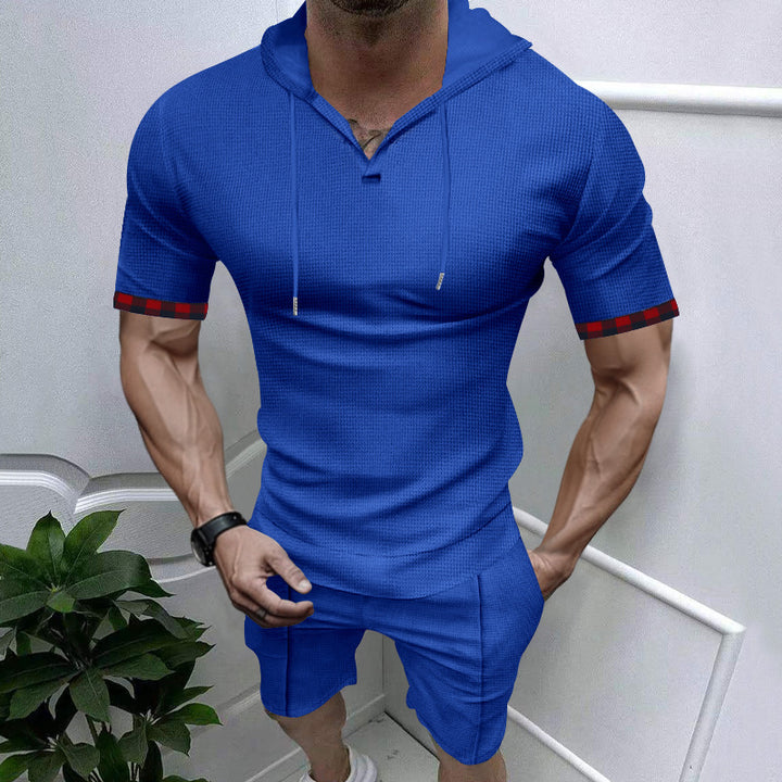 Men's summery hooded lounge set in lightweight waffle texture with short sleeve hoodie Henley opening and comfortable shorts Mune Fashion