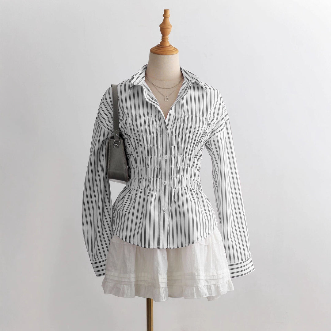 Women's tailored shirt blouse with gathered bust area and peplum Mune Fashion