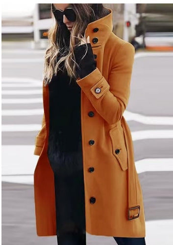 Women's tailored wool blend coat with stand-up collar, flap pockets, and adjustable waistband Mune Fashion