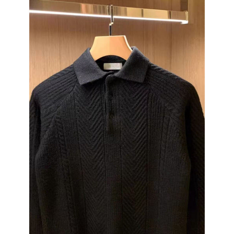 Men's fine-knit polo sweater with half-button placket and cable pattern Mune Fashion