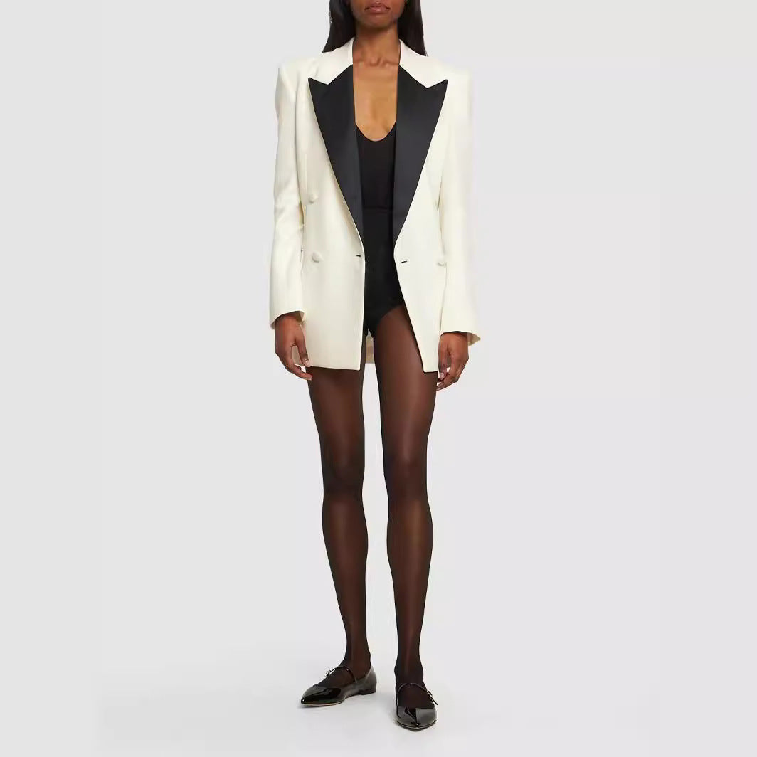 Women Double-Breasted Blazer Coat in Tuxedo Style with Contrasting Shawl Collar Mune Fashion