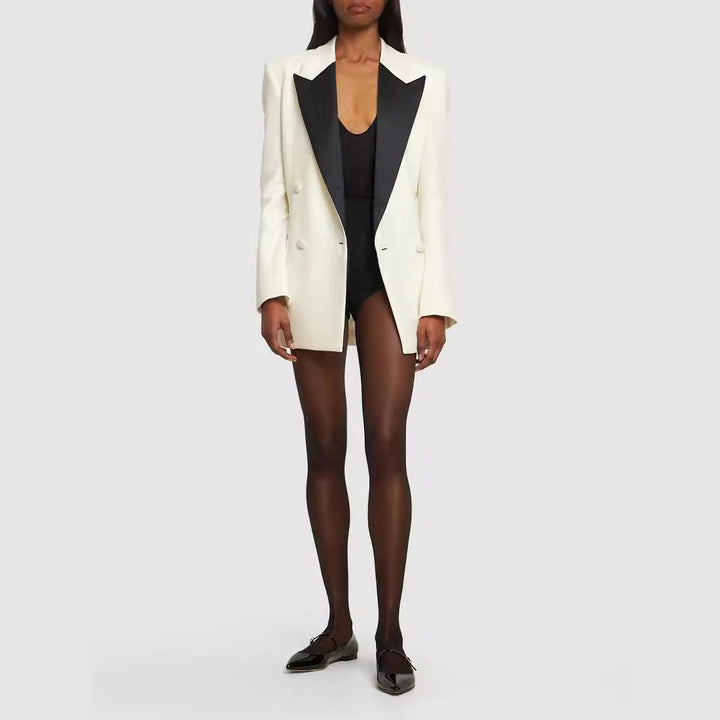 Women Double-Breasted Blazer Coat in Tuxedo Style with Contrasting Shawl Collar Mune Fashion