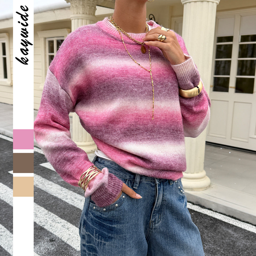 Women's oversized fine knit sweater with ombre gradient, round neckline, and dropped shoulder Mune Fashion