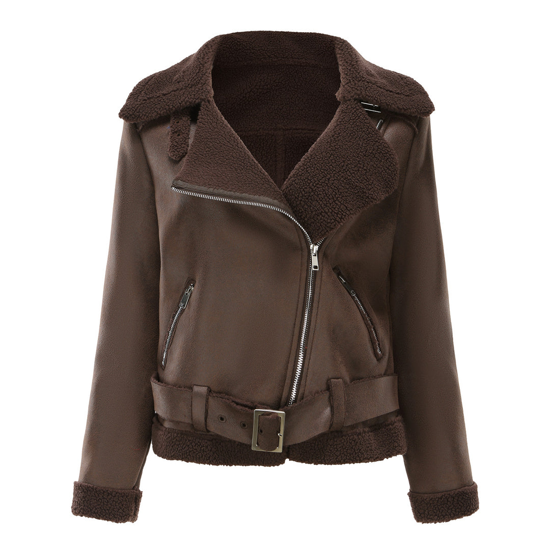 Women’s tailored lambskin imitation pilot jacket with belt and teddy lining Mune Fashion