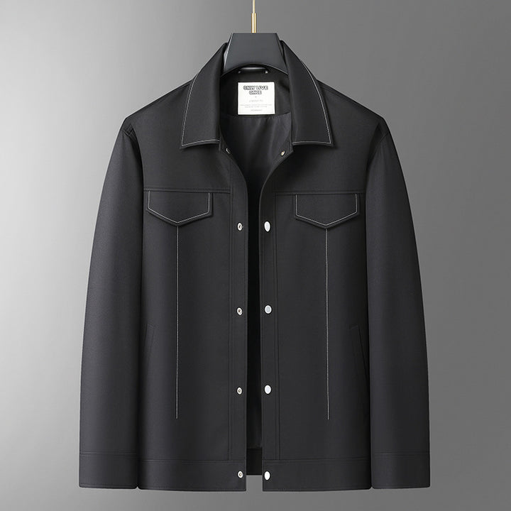 Men's Smooth Artificial Leather Overshirt with Shirt Collar and Snap Button Closure Mune Fashion