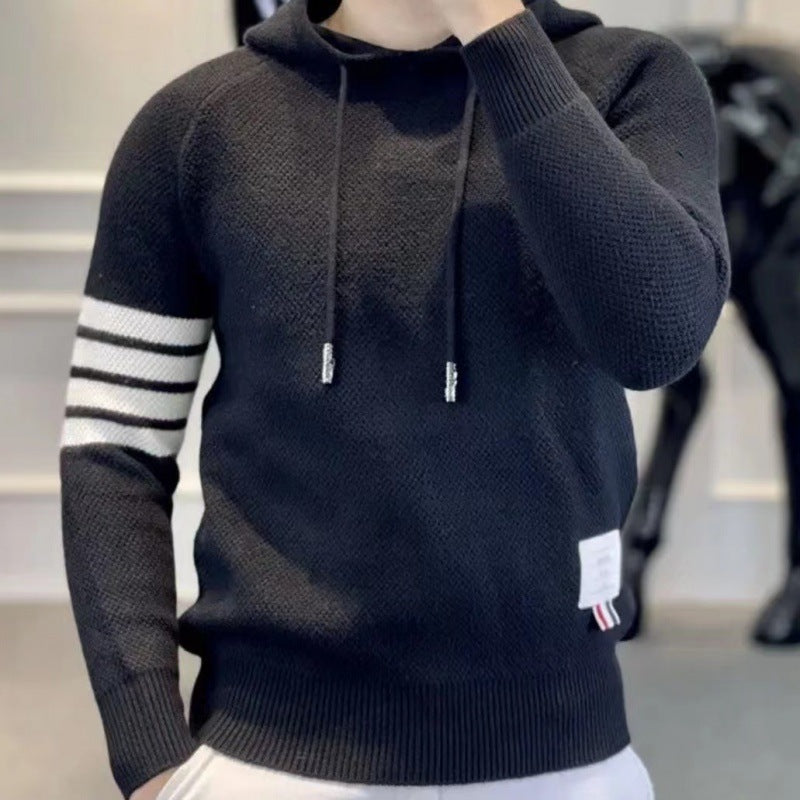 Men's Sporty Knit Sweater with Hood and Stripes Mune Fashion