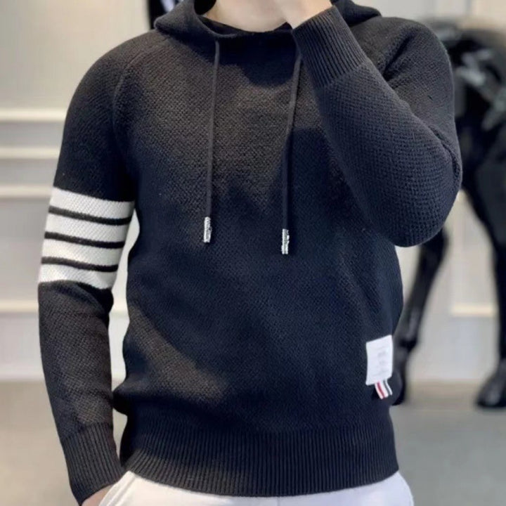Men's Sporty Knit Sweater with Hood and Stripes Mune Fashion