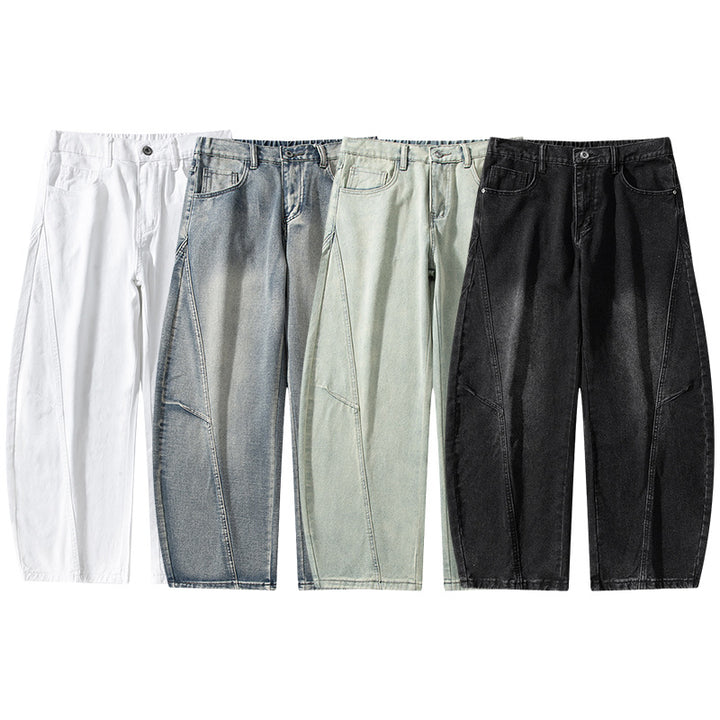 Men's Wide Stonewashed Panel Denim Pants with Drop Crotch and Distinctive Decorative Stitching Mune Fashion